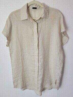 Zingara 100% Linen Tunic Shirt Womens Small Cream Button Up Long Top Cap Sleeve